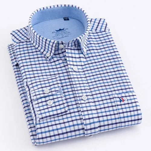 Men's Casual Thick Oxford Cotton Plaid Striped Shirts Single Patch Pocket Long Sleeve Standard-fit Button-down Checkered Shirt