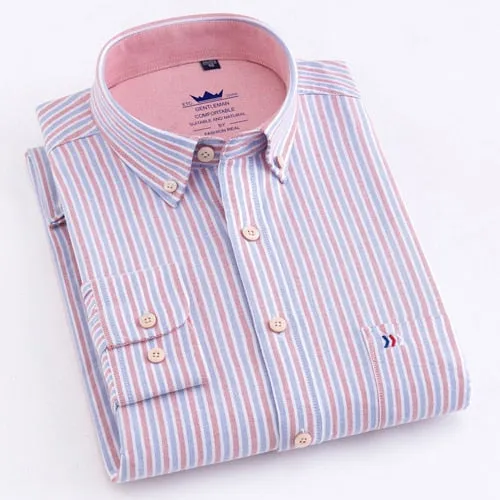 Men's Casual Thick Oxford Cotton Plaid Striped Shirts Single Patch Pocket Long Sleeve Standard-fit Button-down Checkered Shirt