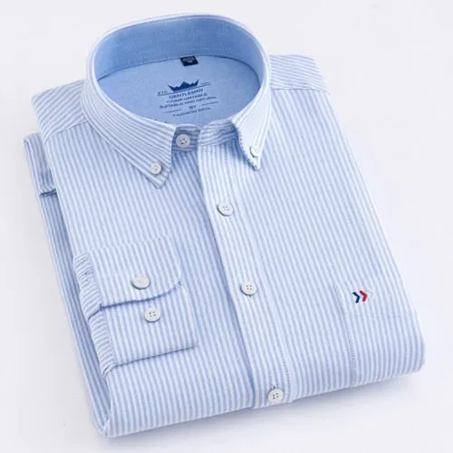 Men's Casual Thick Oxford Cotton Plaid Striped Shirts Single Patch Pocket Long Sleeve Standard-fit Button-down Checkered Shirt