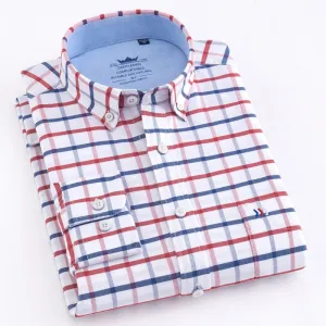 Men's Casual Thick Oxford Cotton Plaid Striped Shirts Single Patch Pocket Long Sleeve Standard-fit Button-down Checkered Shirt