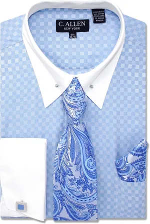 Men's Checkerd Pattern Regular Fit French Cuffs Long Sleeve Dress Shirts with Tie Hanky Cufflinks Collar Bar Combo
