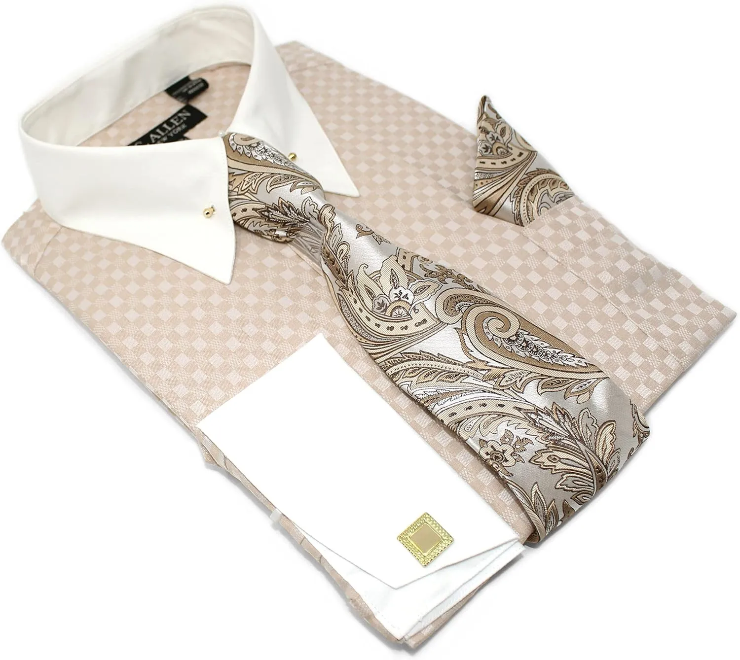 Men's Checkerd Pattern Regular Fit French Cuffs Long Sleeve Dress Shirts with Tie Hanky Cufflinks Collar Bar Combo