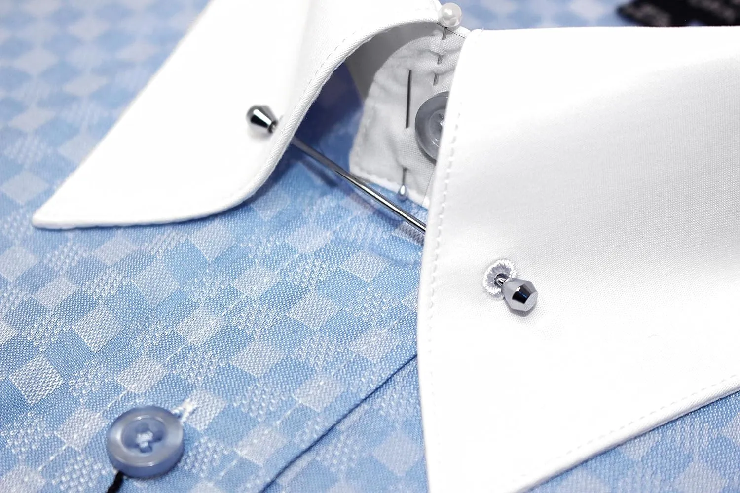 Men's Checkerd Pattern Regular Fit French Cuffs Long Sleeve Dress Shirts with Tie Hanky Cufflinks Collar Bar Combo