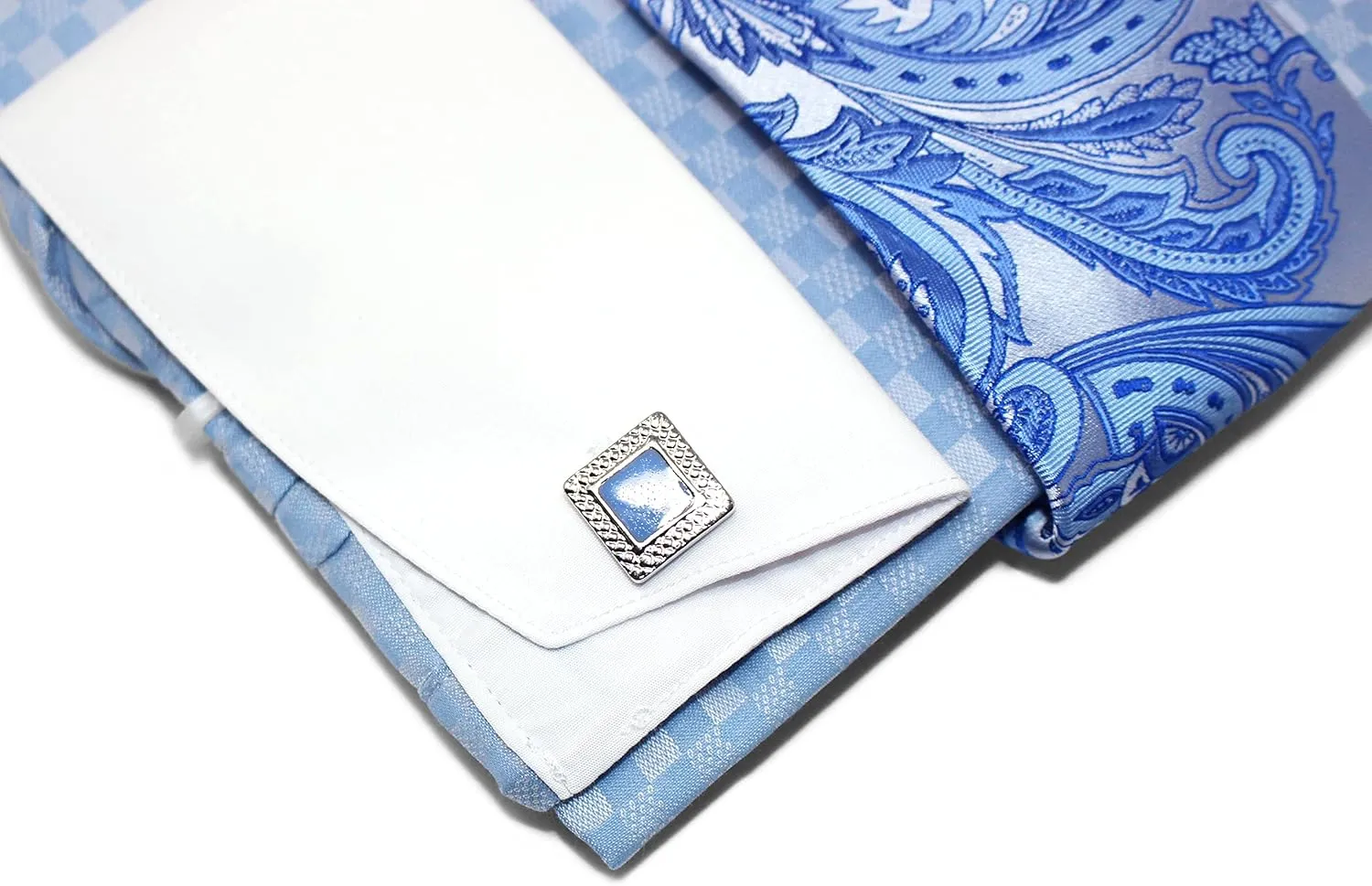 Men's Checkerd Pattern Regular Fit French Cuffs Long Sleeve Dress Shirts with Tie Hanky Cufflinks Collar Bar Combo