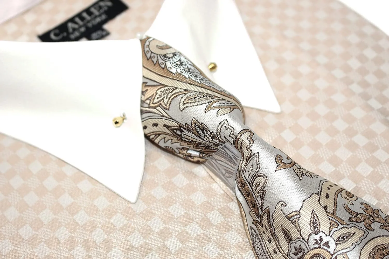 Men's Checkerd Pattern Regular Fit French Cuffs Long Sleeve Dress Shirts with Tie Hanky Cufflinks Collar Bar Combo