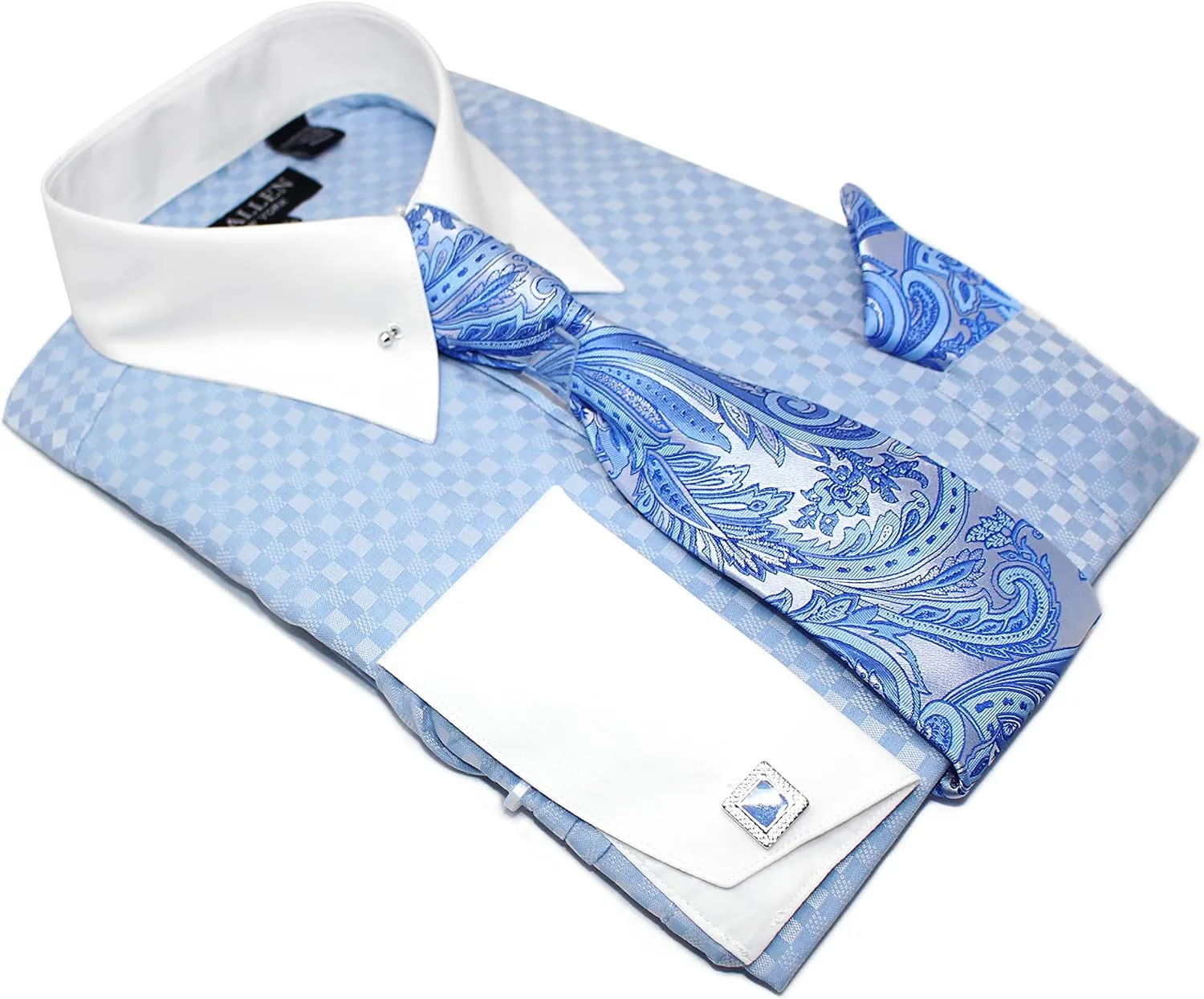 Men's Checkerd Pattern Regular Fit French Cuffs Long Sleeve Dress Shirts with Tie Hanky Cufflinks Collar Bar Combo