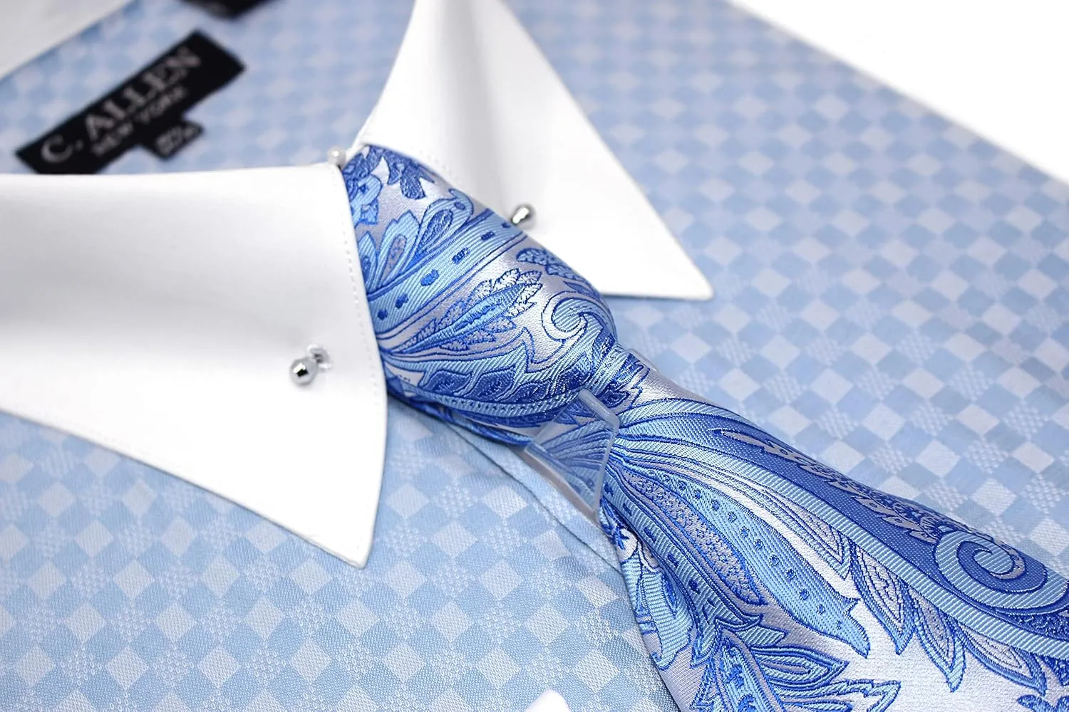 Men's Checkerd Pattern Regular Fit French Cuffs Long Sleeve Dress Shirts with Tie Hanky Cufflinks Collar Bar Combo