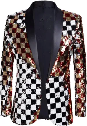Men's Checkered Sequins Blazer Suit Top Party Dinner Prom Costume Groom Dress Front Opening Slim Fit Wedding Suits Jacket