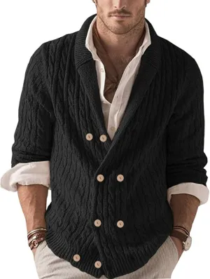 Men's Chunky Ribbed Double Breasted Long-Sleeve Cardigan Sweater V Neck Button Down Knitted Sweater with Pockets