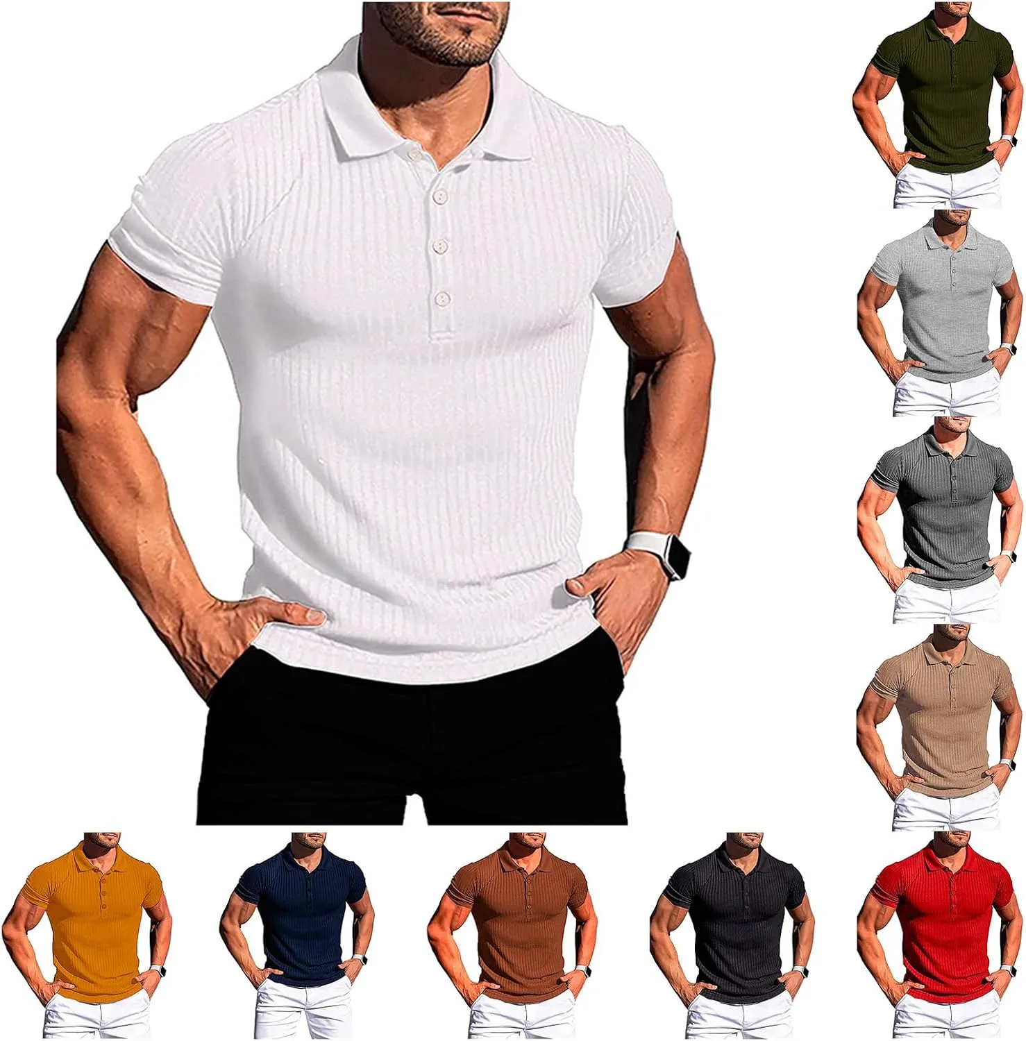 Mens Classic Short Sleeve Polo Shirts Solid Button Down Athletic T Shirts Summer Business Fashion Slim Fit Tops