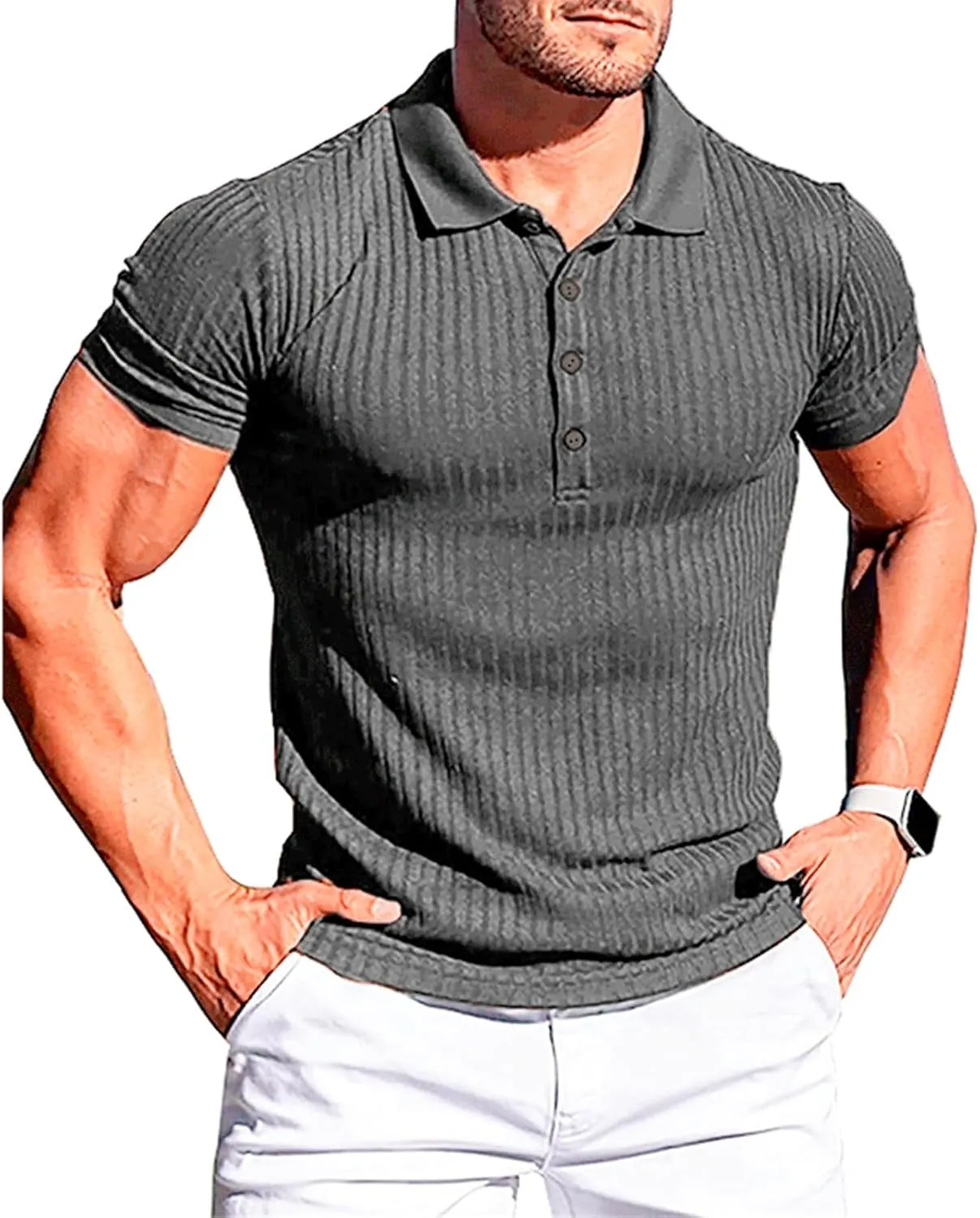 Mens Classic Short Sleeve Polo Shirts Solid Button Down Athletic T Shirts Summer Business Fashion Slim Fit Tops