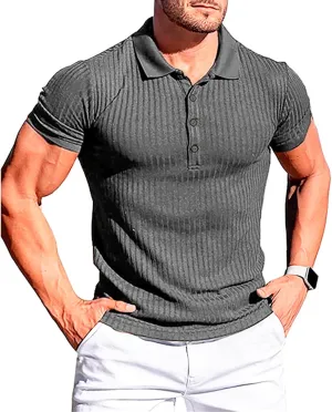 Mens Classic Short Sleeve Polo Shirts Solid Button Down Athletic T Shirts Summer Business Fashion Slim Fit Tops