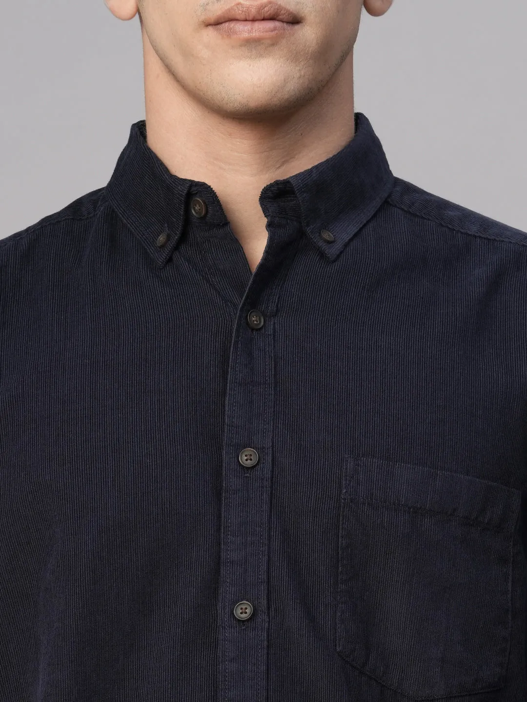 Men's Corduroy 100% Cotton Navy Regular Fit Long Sleeved Shirt