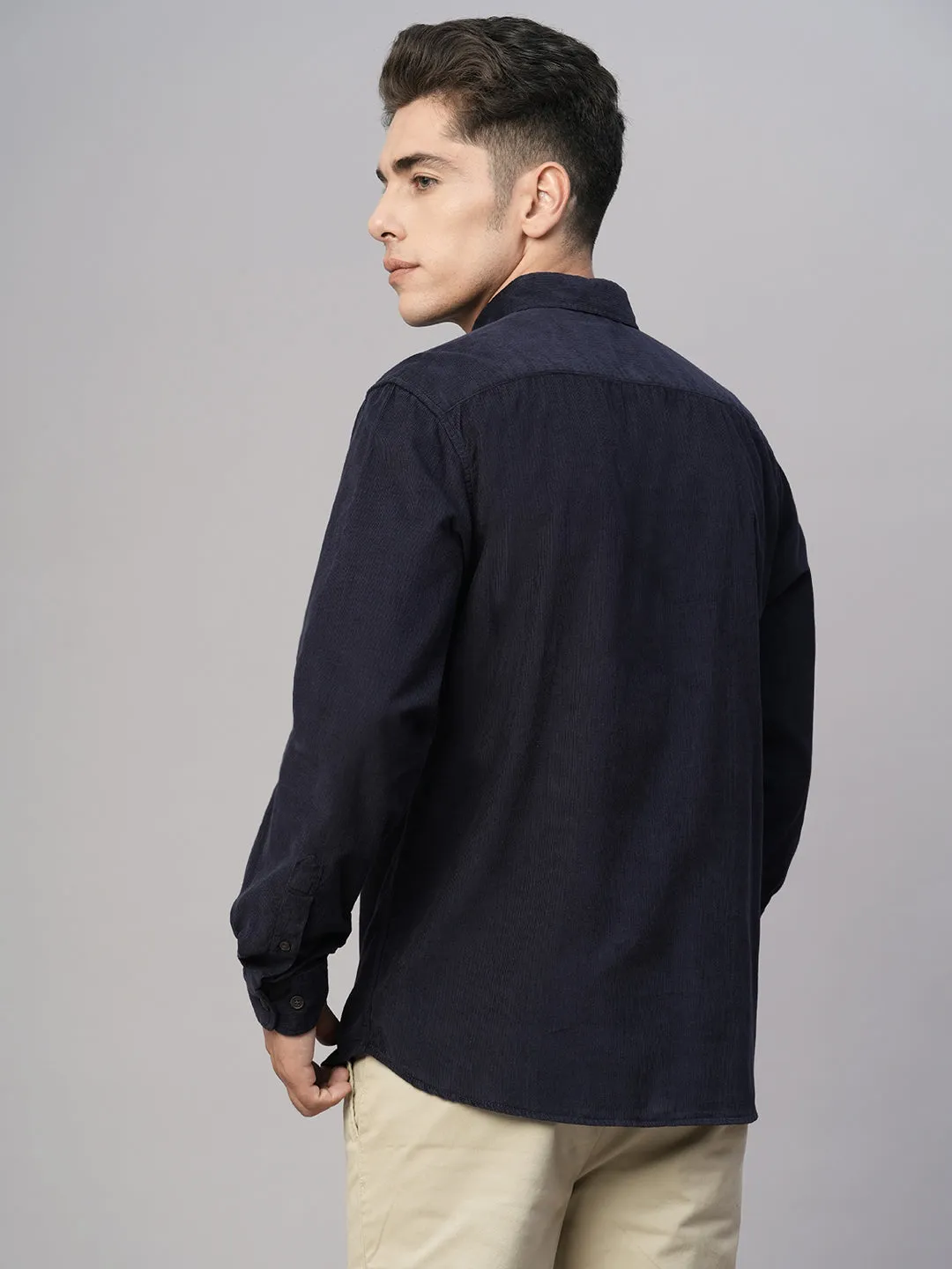 Men's Corduroy 100% Cotton Navy Regular Fit Long Sleeved Shirt