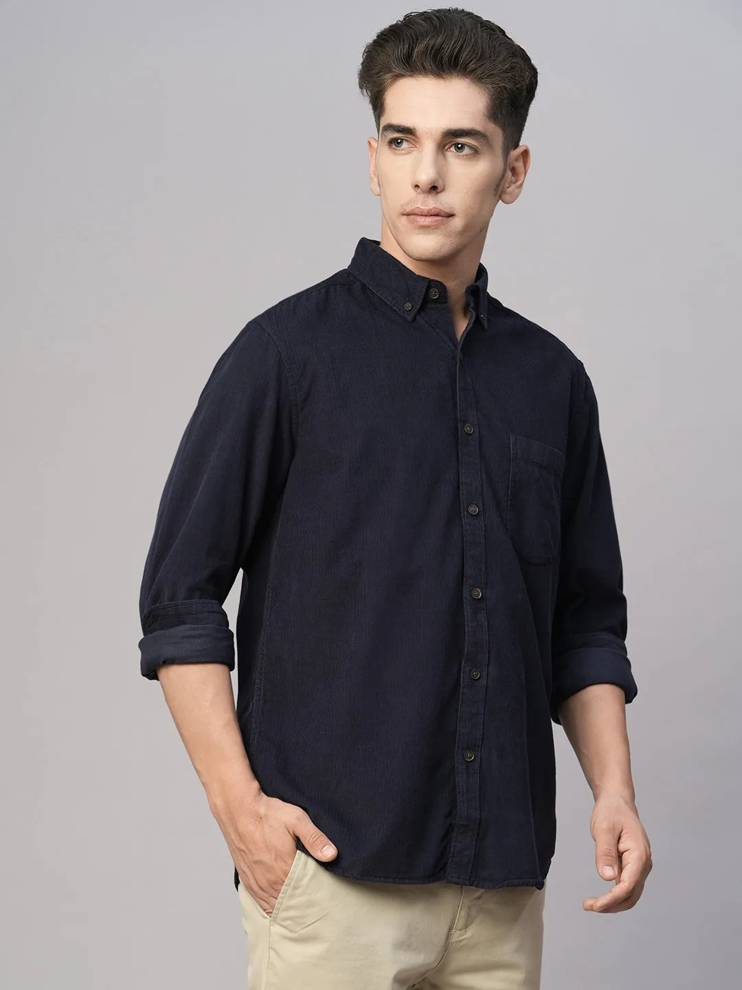 Men's Corduroy 100% Cotton Navy Regular Fit Long Sleeved Shirt