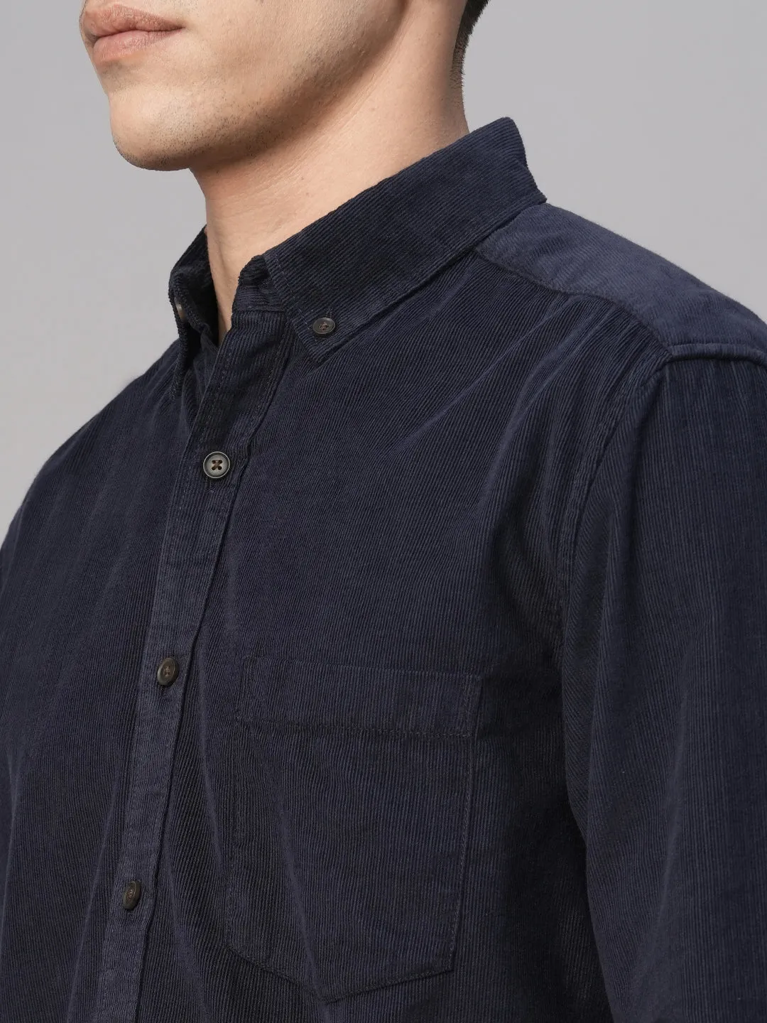 Men's Corduroy 100% Cotton Navy Regular Fit Long Sleeved Shirt