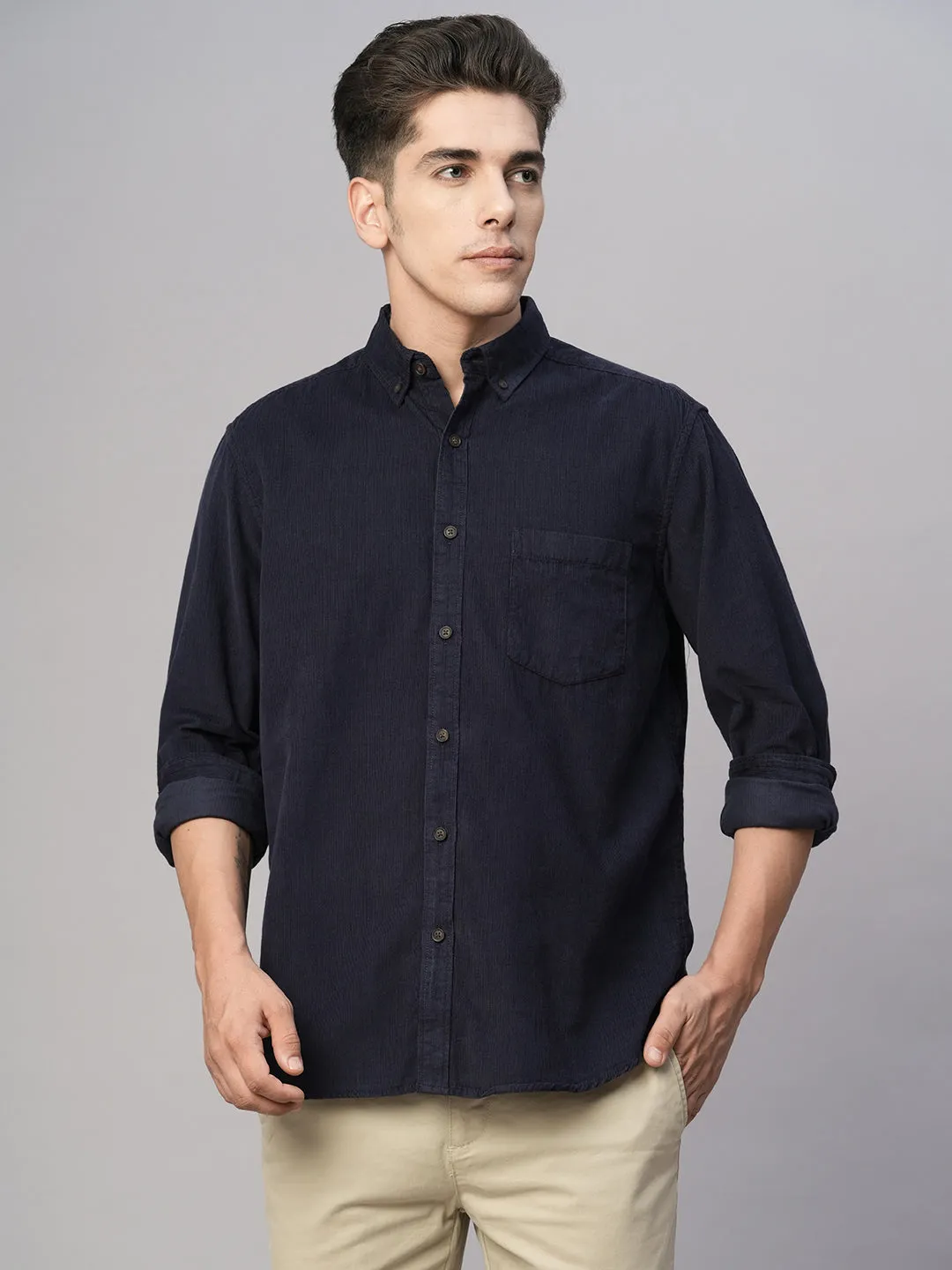 Men's Corduroy 100% Cotton Navy Regular Fit Long Sleeved Shirt