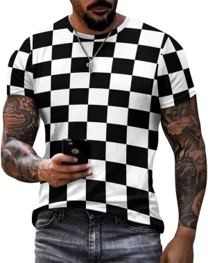 Men's Cotton T-Shirt -Black White Race Checkered Flag Pattern, Casual Graphic Crew Neck Short Sleeve Tees Tops