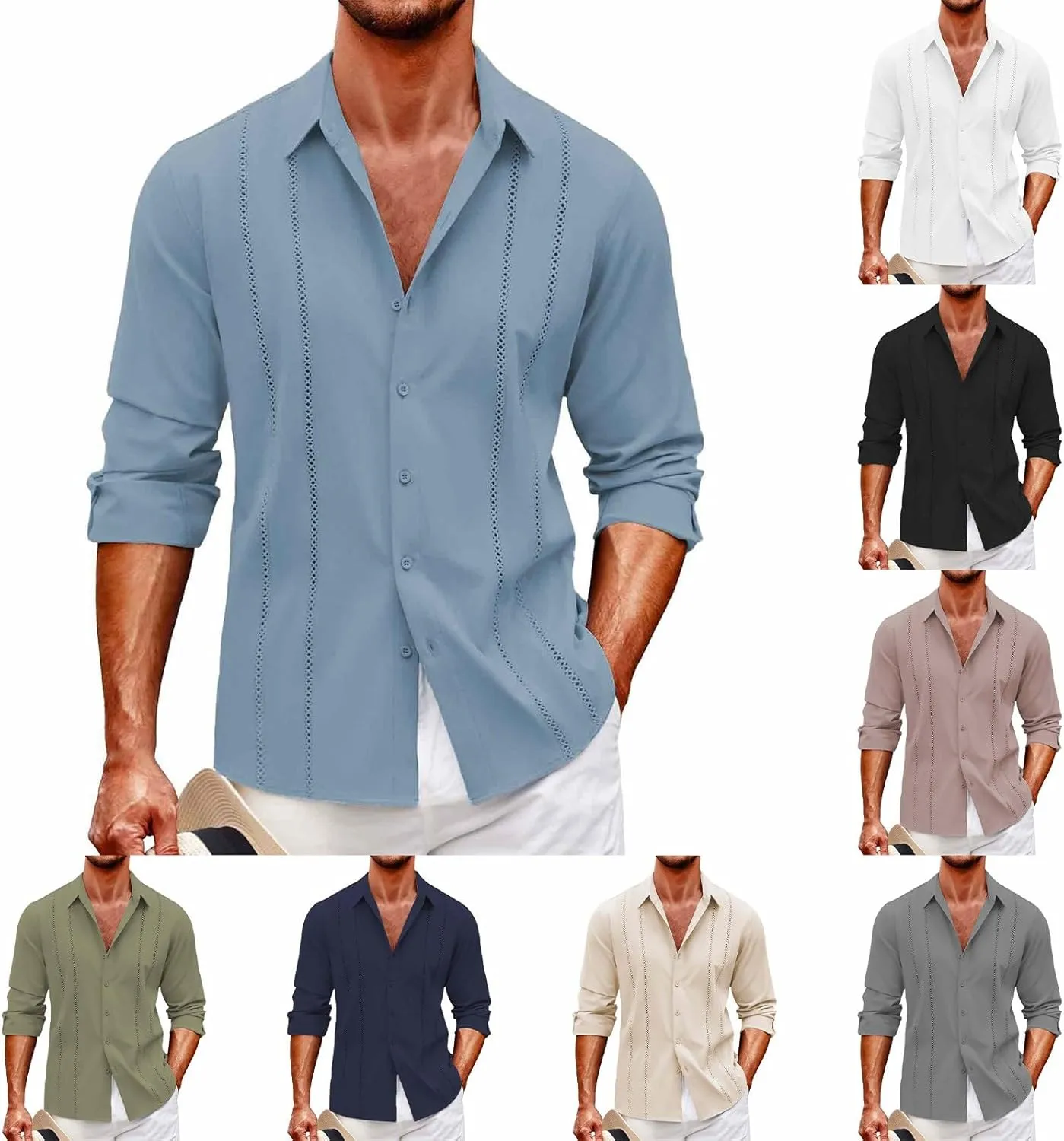 Mens Cuban Guayabera Shirt Casual Long Sleeve Button Down Shirts Solid Lightweight Summer Beach Hippie T Shirt