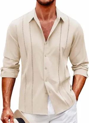 Mens Cuban Guayabera Shirt Casual Long Sleeve Button Down Shirts Solid Lightweight Summer Beach Hippie T Shirt