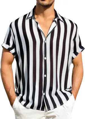Men's Cuban Guayabera Shirt Fashion Striped Casual Short Sleeve Button Down Summer Hawaiian Tees Vintage Beach Vacation Tops
