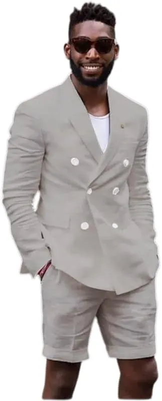 Mens Double Breasted Linen Suit 2 Piece Linen Suits Slim Fit Wedding Beach Casual Summer Linen Blazer Bermuda Shorts