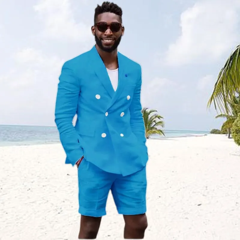 Mens Double Breasted Linen Suit 2 Piece Linen Suits Slim Fit Wedding Beach Casual Summer Linen Blazer Bermuda Shorts
