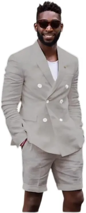 Mens Double Breasted Linen Suit 2 Piece Linen Suits Slim Fit Wedding Beach Casual Summer Linen Blazer Bermuda Shorts