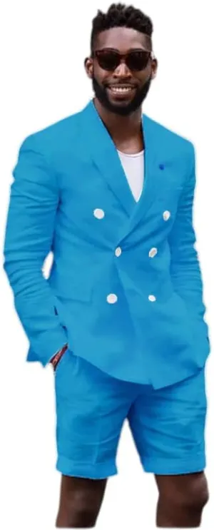 Mens Double Breasted Linen Suit 2 Piece Linen Suits Slim Fit Wedding Beach Casual Summer Linen Blazer Bermuda Shorts