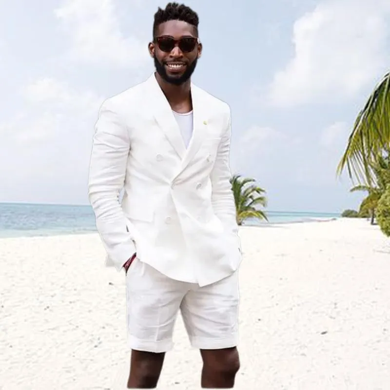 Mens Double Breasted Linen Suit 2 Piece Linen Suits Slim Fit Wedding Beach Casual Summer Linen Blazer Bermuda Shorts