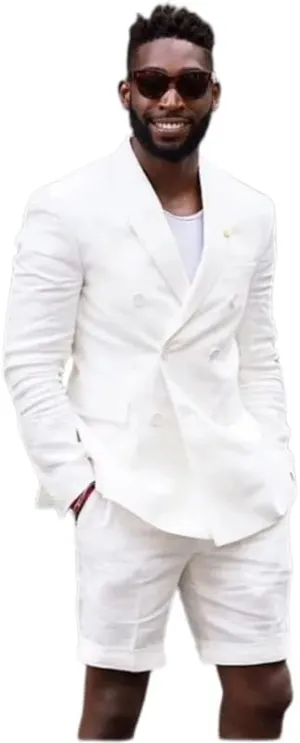 Mens Double Breasted Linen Suit 2 Piece Linen Suits Slim Fit Wedding Beach Casual Summer Linen Blazer Bermuda Shorts