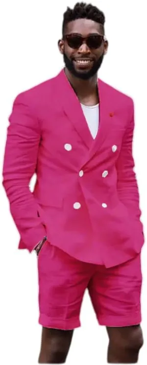 Mens Double Breasted Linen Suit 2 Piece Linen Suits Slim Fit Wedding Beach Casual Summer Linen Blazer Bermuda Shorts