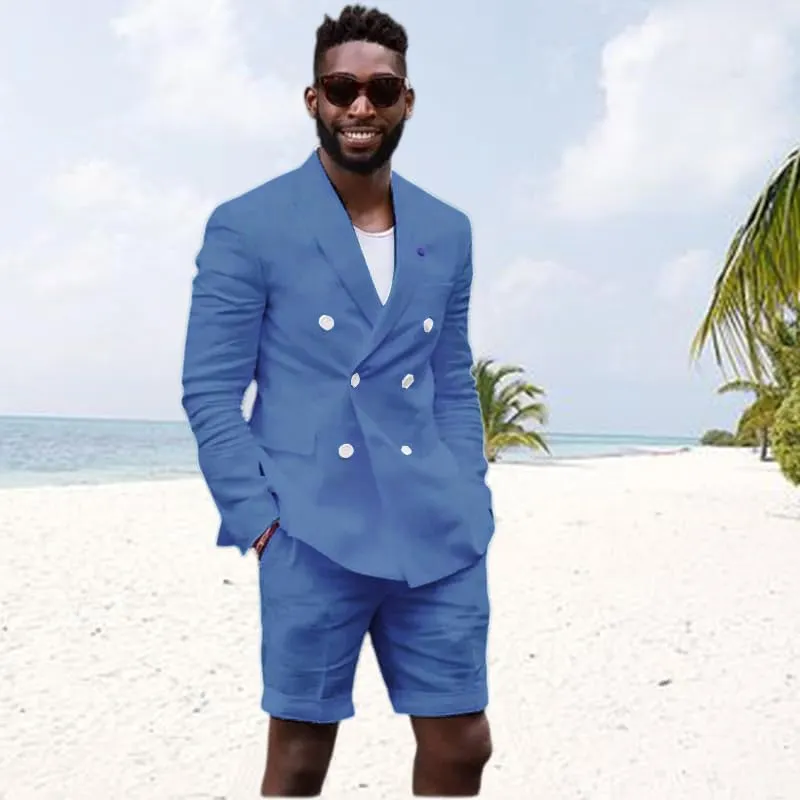 Mens Double Breasted Linen Suit 2 Piece Linen Suits Slim Fit Wedding Beach Casual Summer Linen Blazer Bermuda Shorts