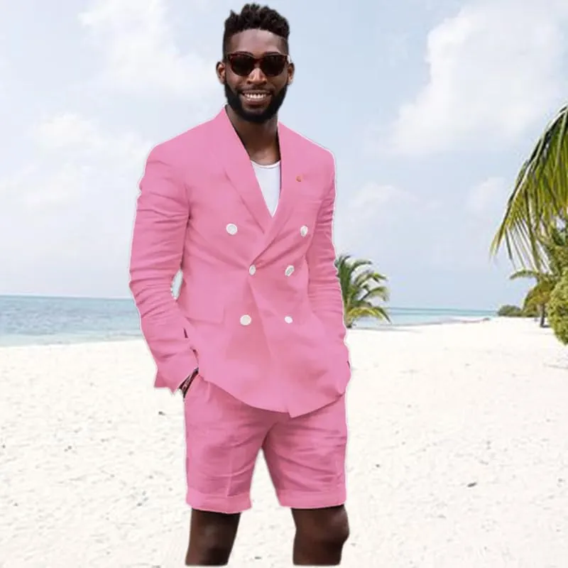 Mens Double Breasted Linen Suit 2 Piece Linen Suits Slim Fit Wedding Beach Casual Summer Linen Blazer Bermuda Shorts