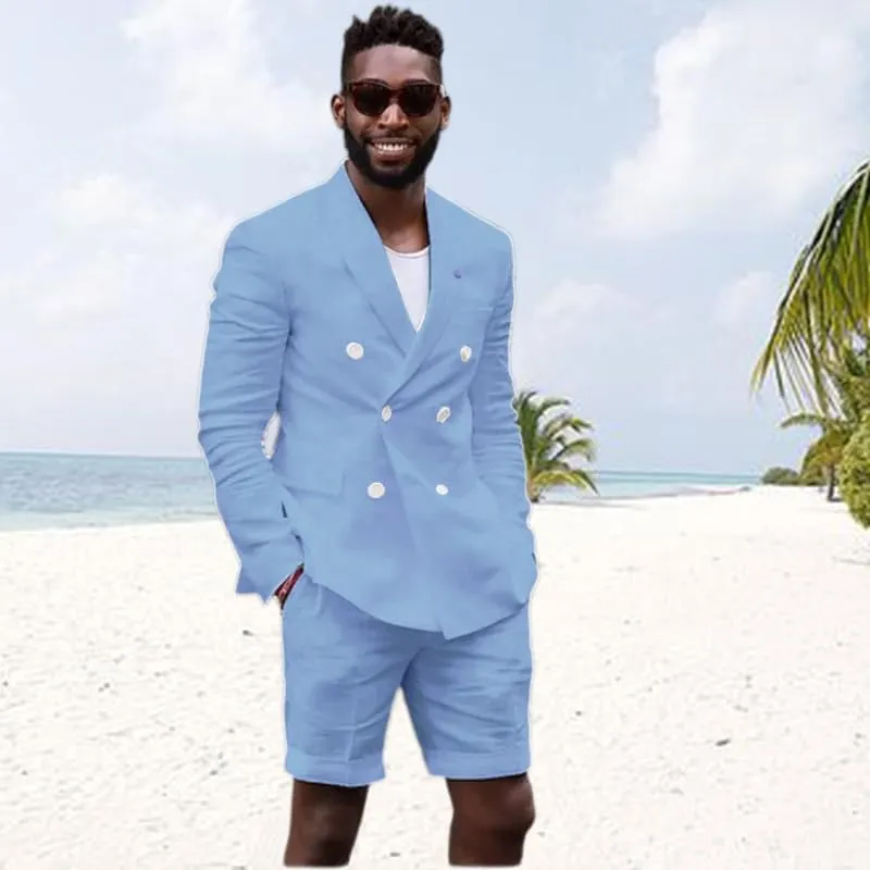 Mens Double Breasted Linen Suit 2 Piece Linen Suits Slim Fit Wedding Beach Casual Summer Linen Blazer Bermuda Shorts