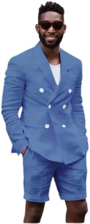 Mens Double Breasted Linen Suit 2 Piece Linen Suits Slim Fit Wedding Beach Casual Summer Linen Blazer Bermuda Shorts