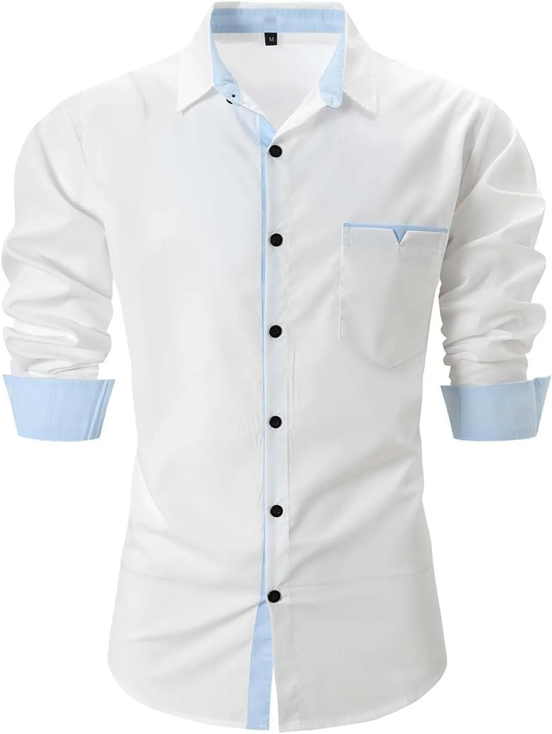Mens Dress Shirts Muscle Slim Long Sleeve Button Shirt Dry Fit Gentleman Bussiness Work Blouse Tees with Pockets