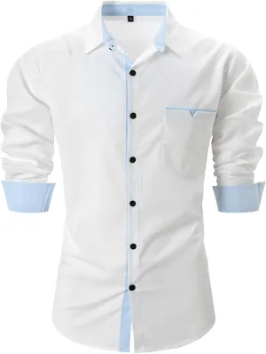 Mens Dress Shirts Muscle Slim Long Sleeve Button Shirt Dry Fit Gentleman Bussiness Work Blouse Tees with Pockets