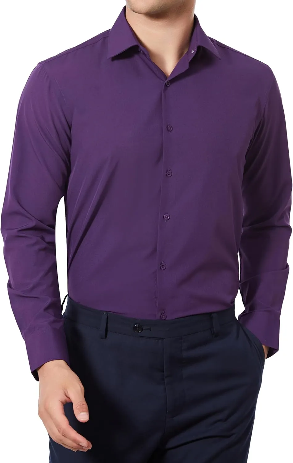 Men's Dress Shirts Stretch Wrinkle Free Moisture Wicking Cooling Solid Slim Fit Long Sleeve Button Down Shirt