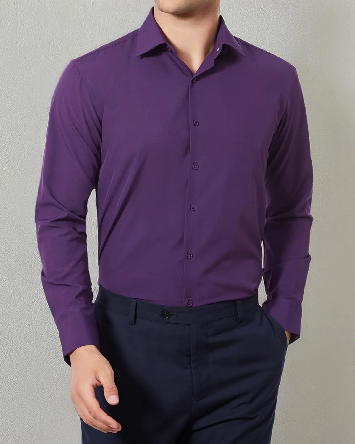Men's Dress Shirts Stretch Wrinkle Free Moisture Wicking Cooling Solid Slim Fit Long Sleeve Button Down Shirt