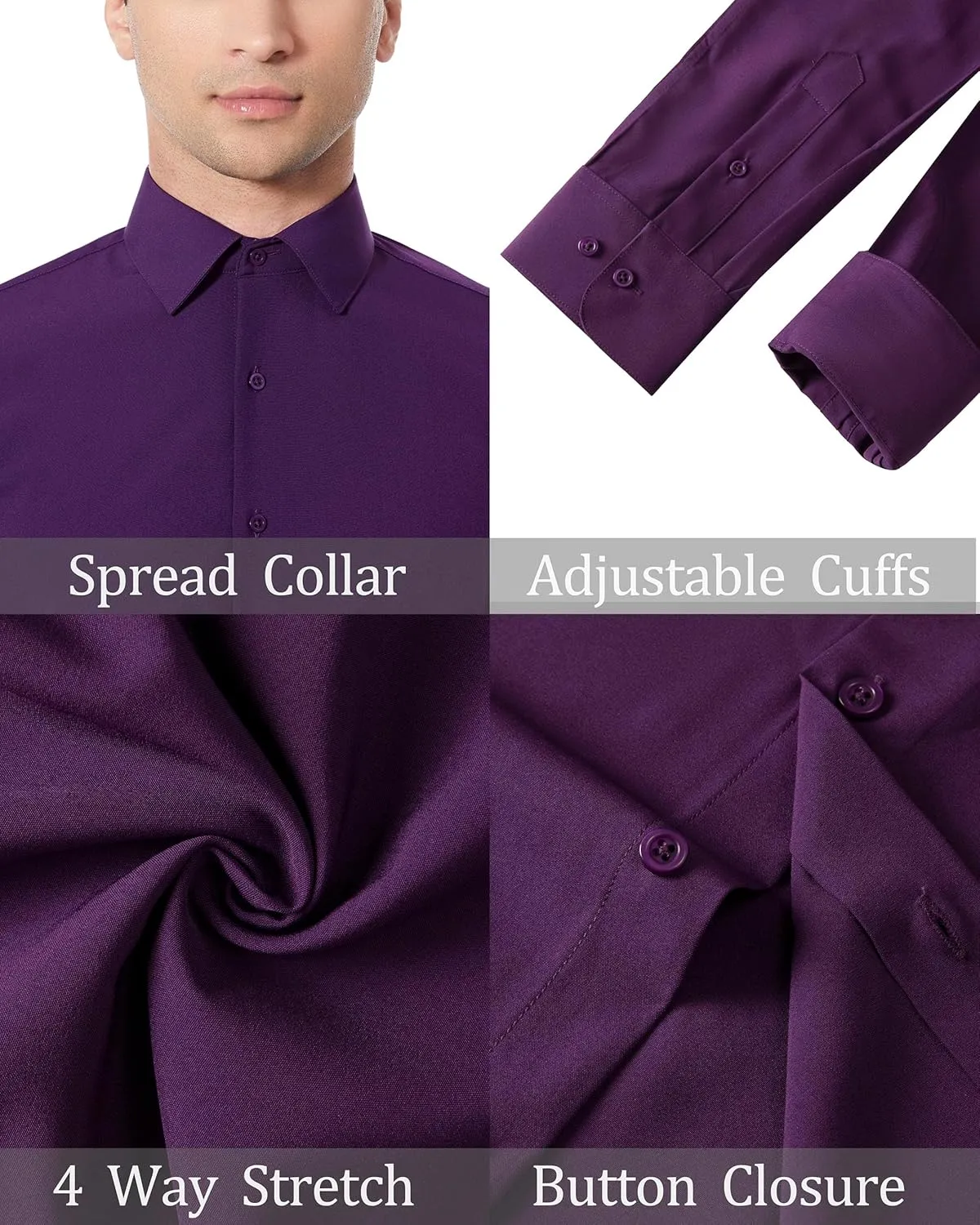 Men's Dress Shirts Stretch Wrinkle Free Moisture Wicking Cooling Solid Slim Fit Long Sleeve Button Down Shirt