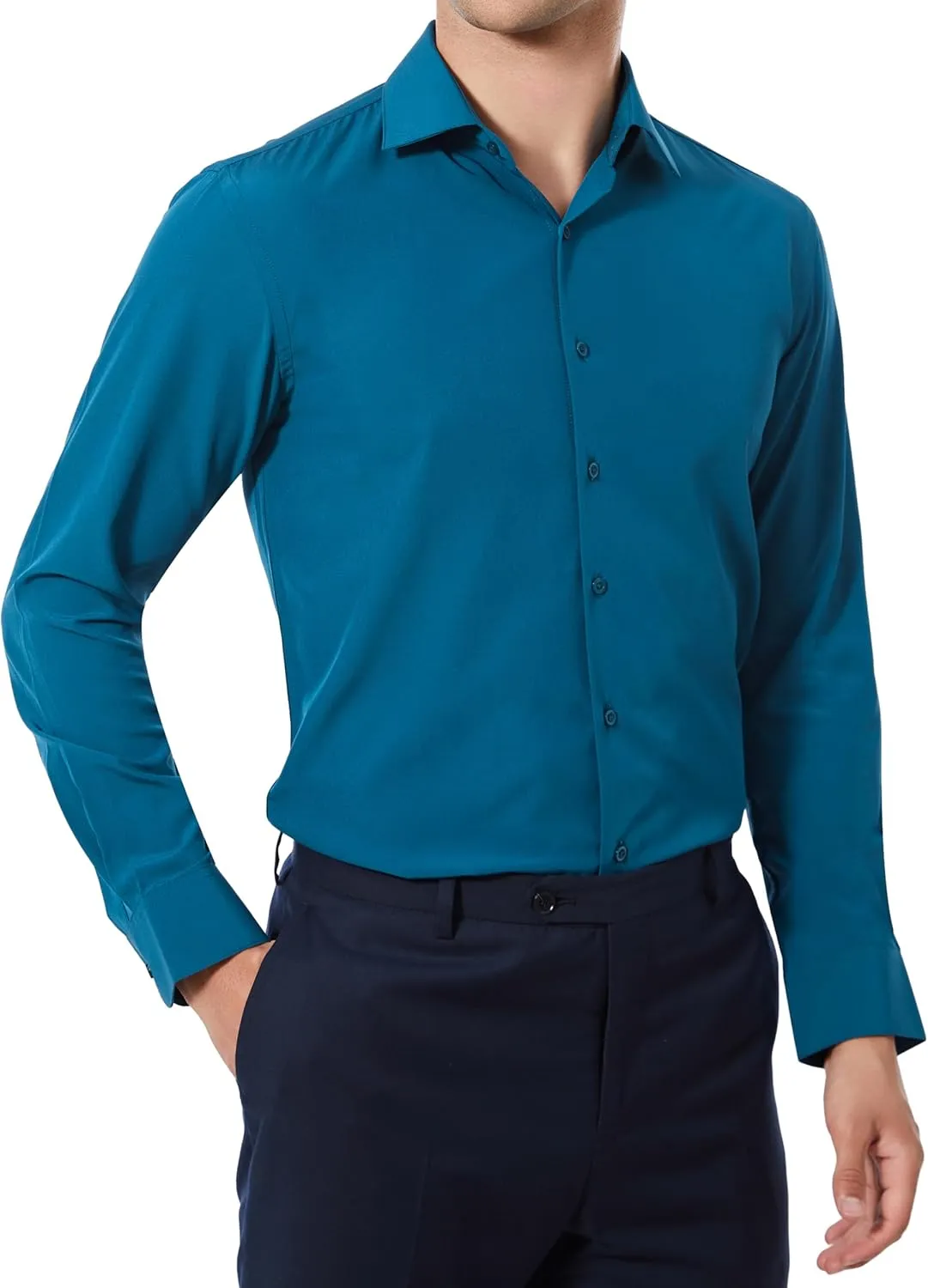 Men's Dress Shirts Stretch Wrinkle Free Moisture Wicking Cooling Solid Slim Fit Long Sleeve Button Down Shirt