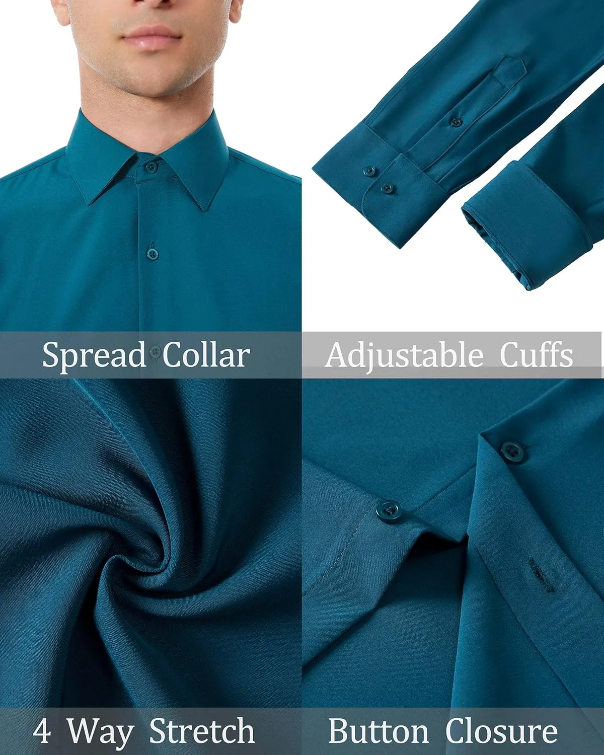 Men's Dress Shirts Stretch Wrinkle Free Moisture Wicking Cooling Solid Slim Fit Long Sleeve Button Down Shirt