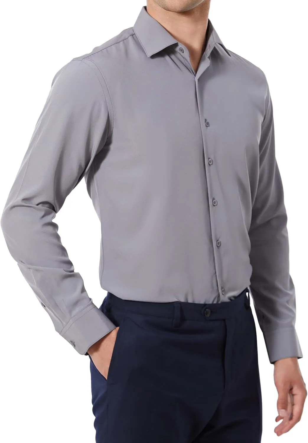 Men's Dress Shirts Stretch Wrinkle Free Moisture Wicking Cooling Solid Slim Fit Long Sleeve Button Down Shirt