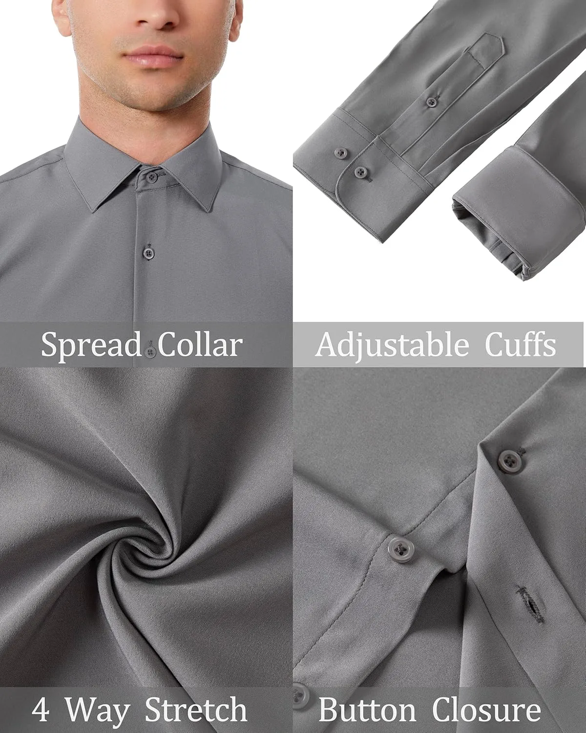 Men's Dress Shirts Stretch Wrinkle Free Moisture Wicking Cooling Solid Slim Fit Long Sleeve Button Down Shirt