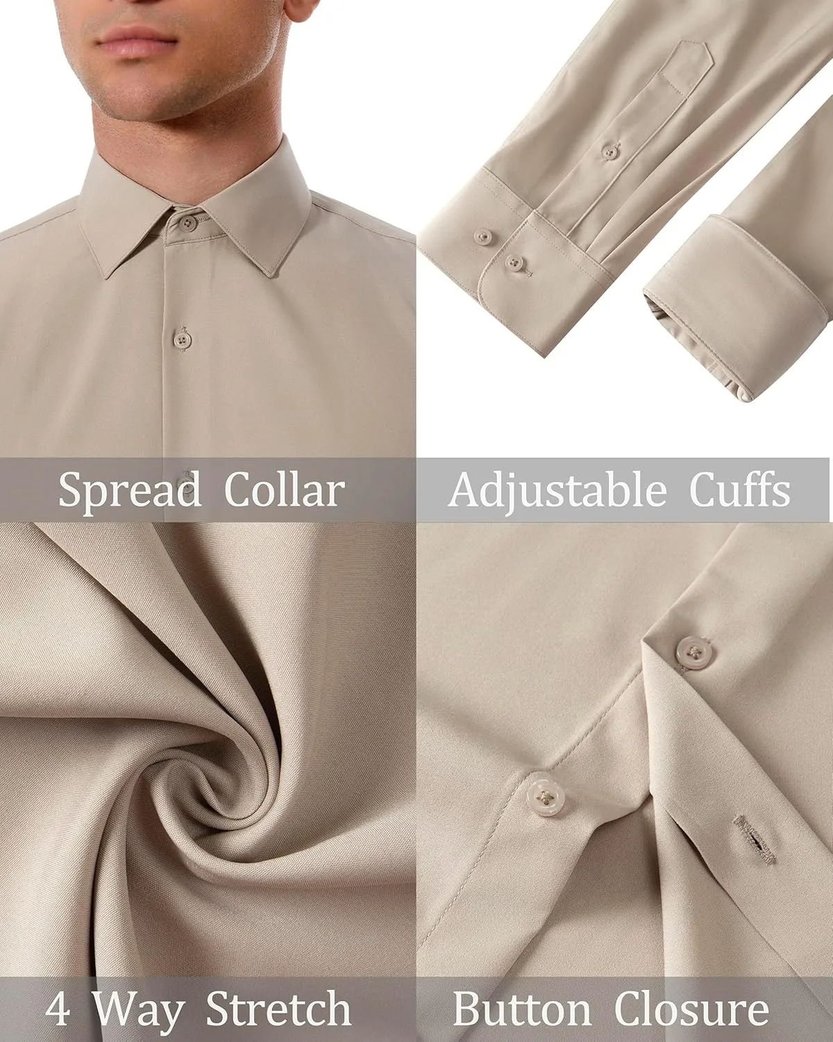 Men's Dress Shirts Stretch Wrinkle Free Moisture Wicking Cooling Solid Slim Fit Long Sleeve Button Down Shirt