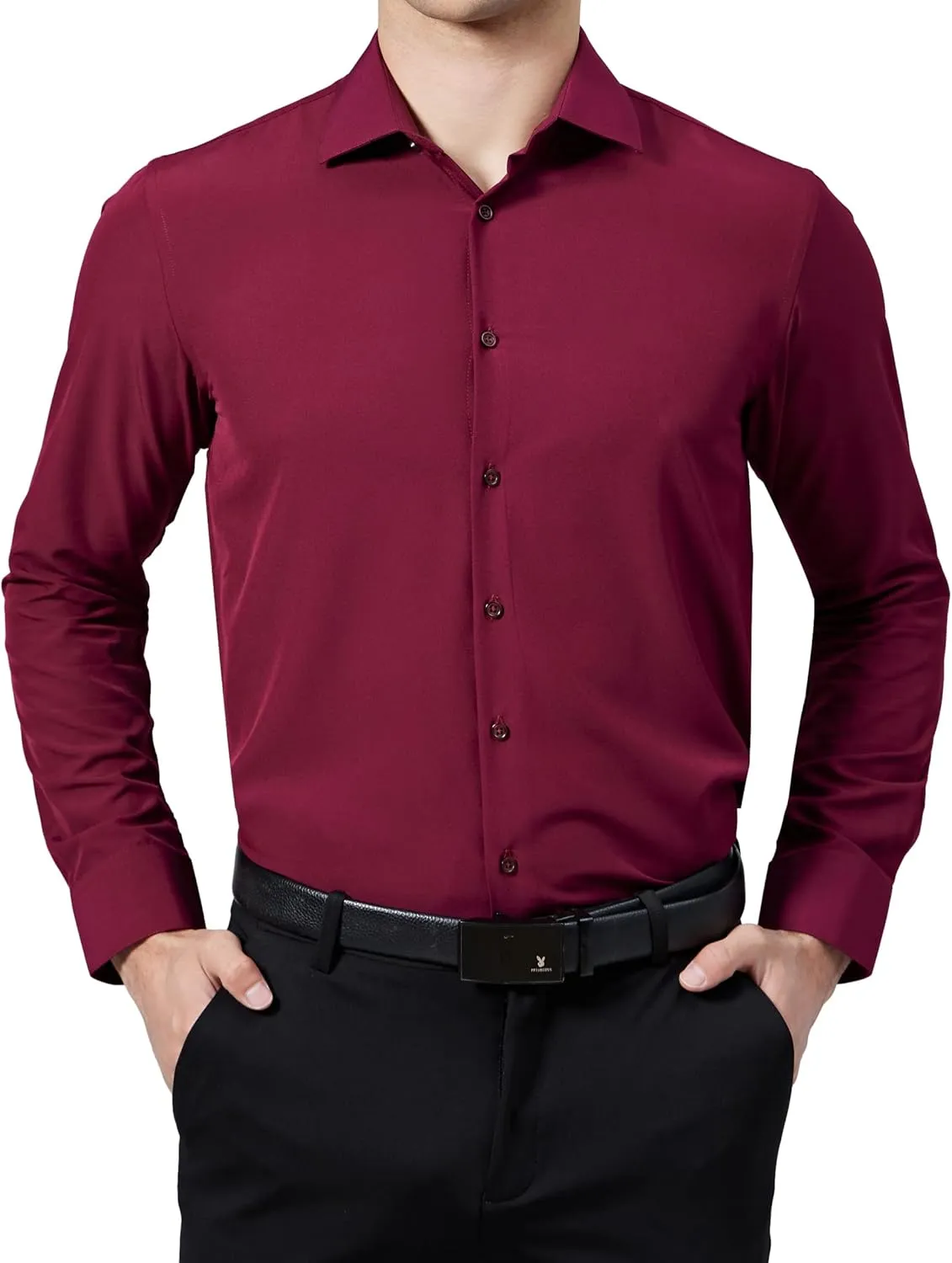 Men's Dress Shirts Stretch Wrinkle Free Moisture Wicking Cooling Solid Slim Fit Long Sleeve Button Down Shirt