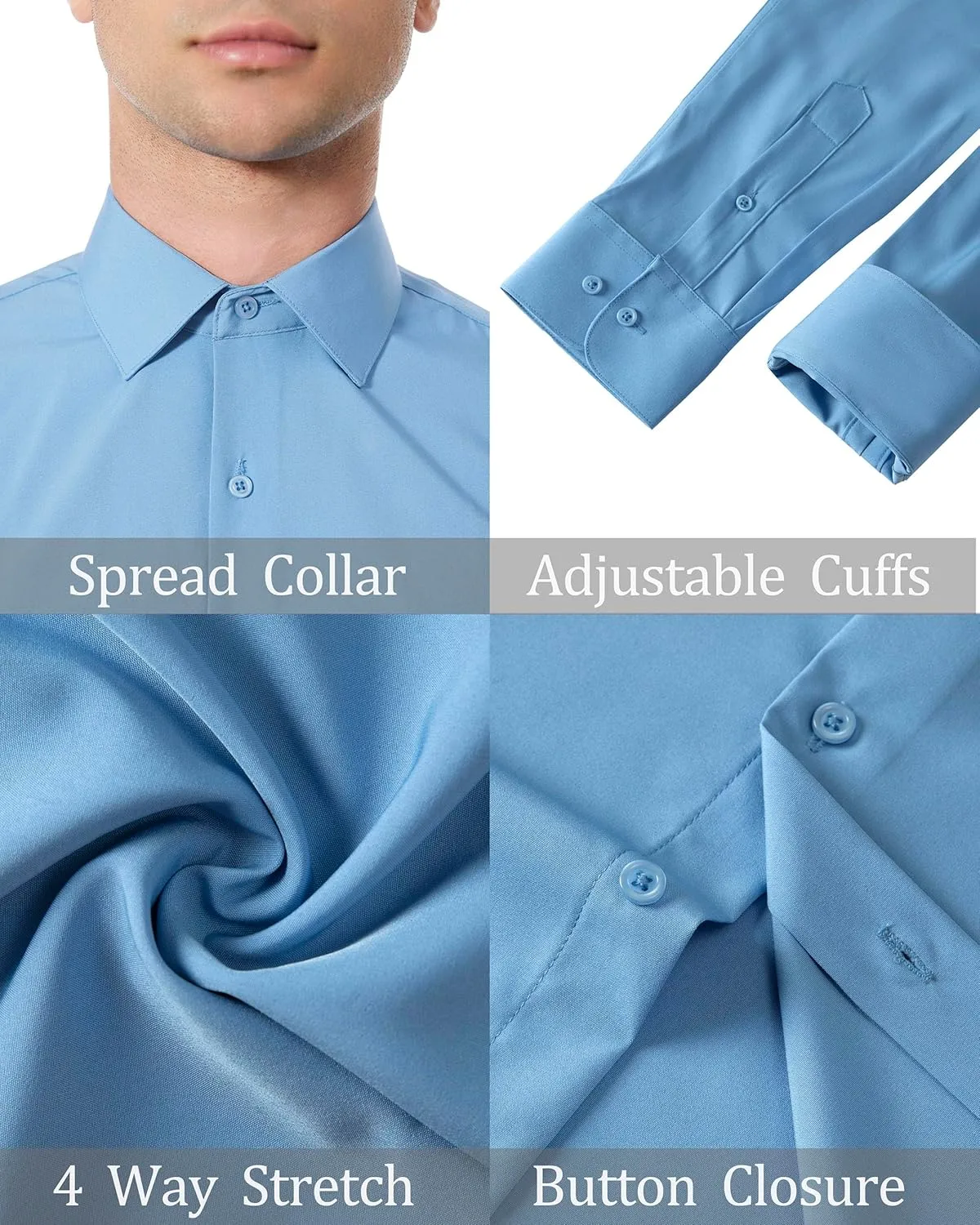 Men's Dress Shirts Stretch Wrinkle Free Moisture Wicking Cooling Solid Slim Fit Long Sleeve Button Down Shirt