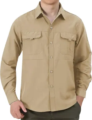 Men's Fishing Shirts Plus Size Casual Long Sleeve Button Shirt Lightweight Hiking Travel Work Tee Tops with Pocket