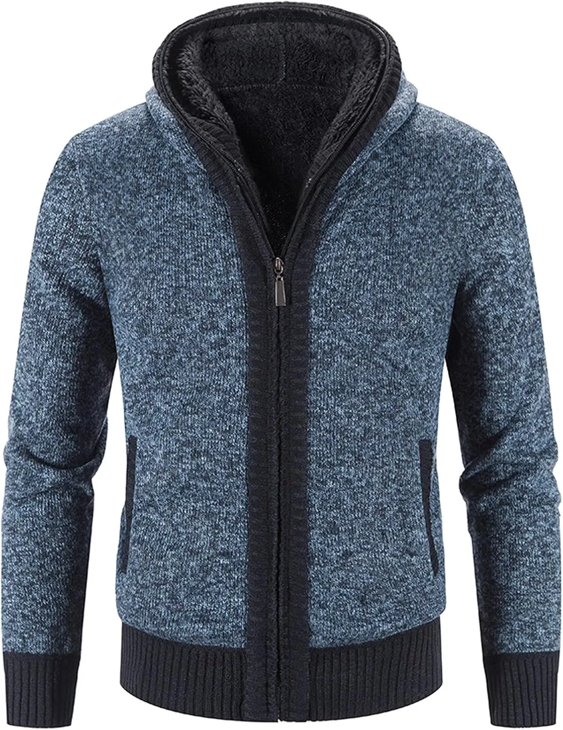 Mens Fleece Lined Cable Knit Cardigan Sweaters with Hood Slim Fit Zip Up Hooded Sweatshirts Casual Long Sleeve Jumper